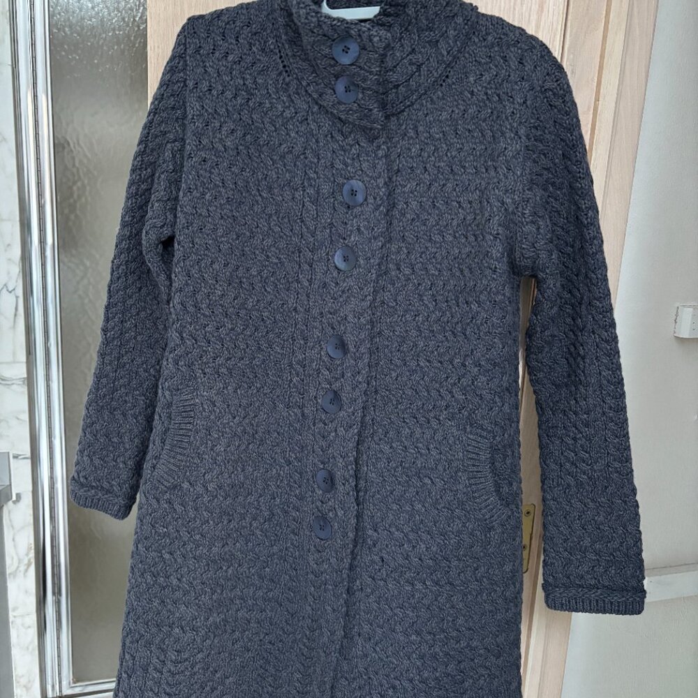 Aran Crafts Navy Gray Marl Trellis Coat Size S Coatigan NWT